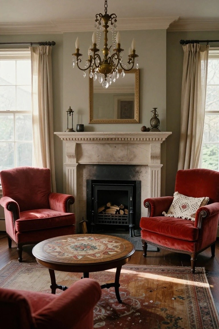 Interior view of a living room with two red velvet armchairs facing a marble fireplace mantel, a round wooden table between them, beige walls, chandelier overhead, and windows with cream curtains.