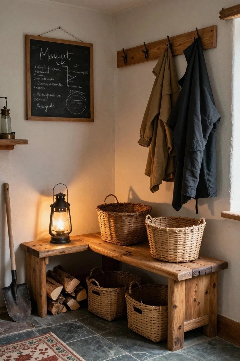 Corner of a rustic interior with an L-shaped wooden bench holding wicker baskets underneath, stacked firewood, a lit lantern, coat hooks with hanging jackets above, a chalkboard on the wall, and a shovel leaning nearby.