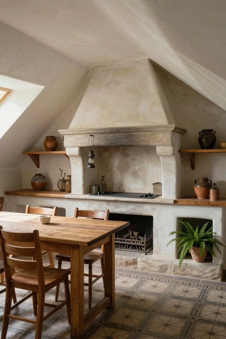 Kitchen interior under a white sloped ceiling with skylight, featuring a large beige stone fireplace hood over a cooktop and hearth, wooden dining table with four chairs, wooden shelves holding terracotta pots and jars, tiled floor, and a potted fern beside the fireplace.