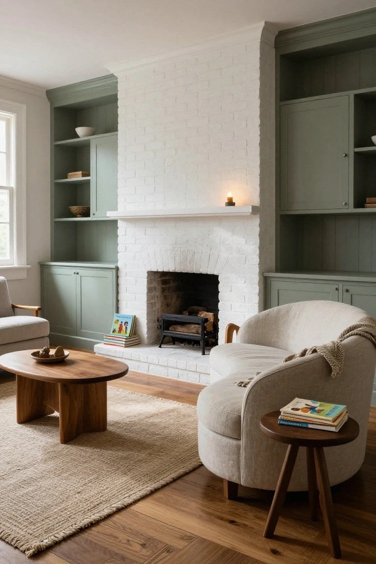 Living room with white brick fireplace centered between sage green built-in cabinets and open shelving, curved cream armchair with books on side table, wooden coffee table, beige rug, and hardwood floors.