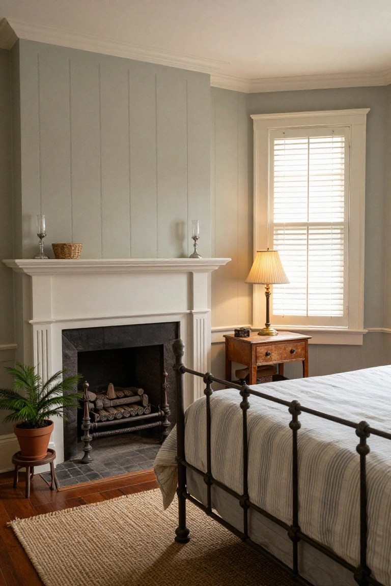 Bedroom interior with pale gray shiplap walls, white wood mantel fireplace containing burning logs and andirons, antique iron bed with white linens, wooden side table with lamp, potted fern plant, and window with white blinds.