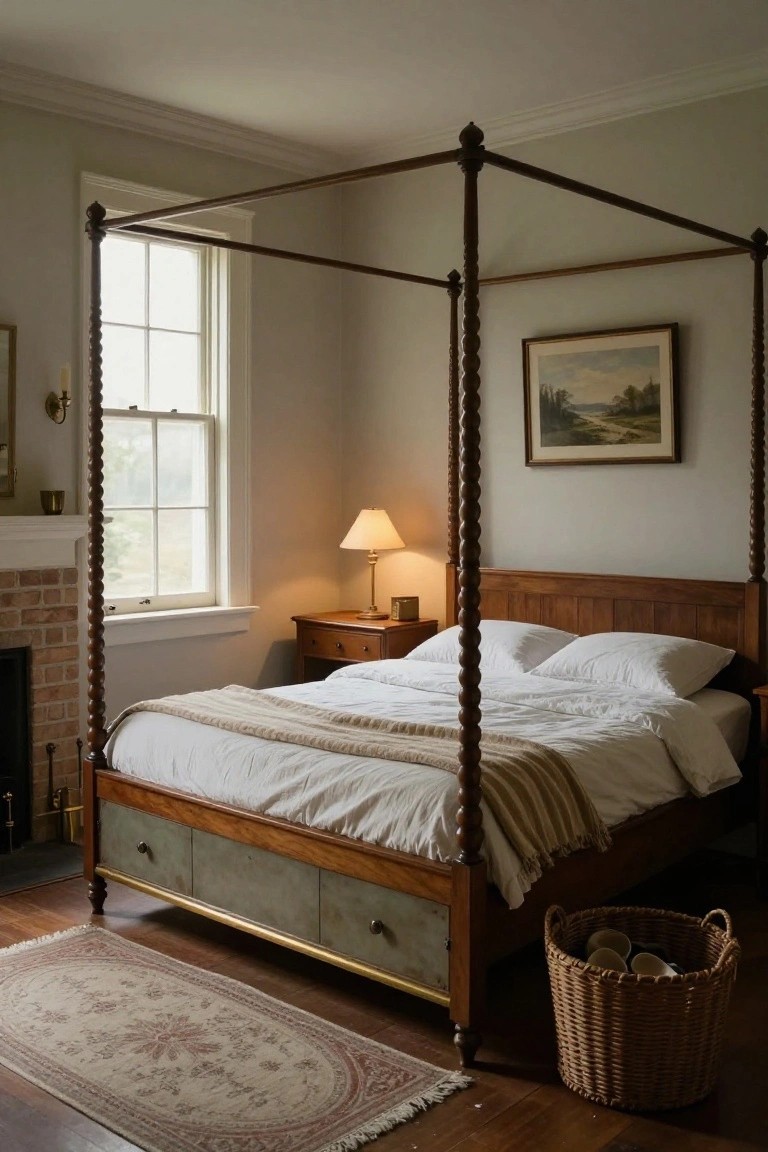 Colonial bedroom with wooden four-poster bed, exposed brick fireplace, nightstand lamp, and wicker basket on hardwood floor.