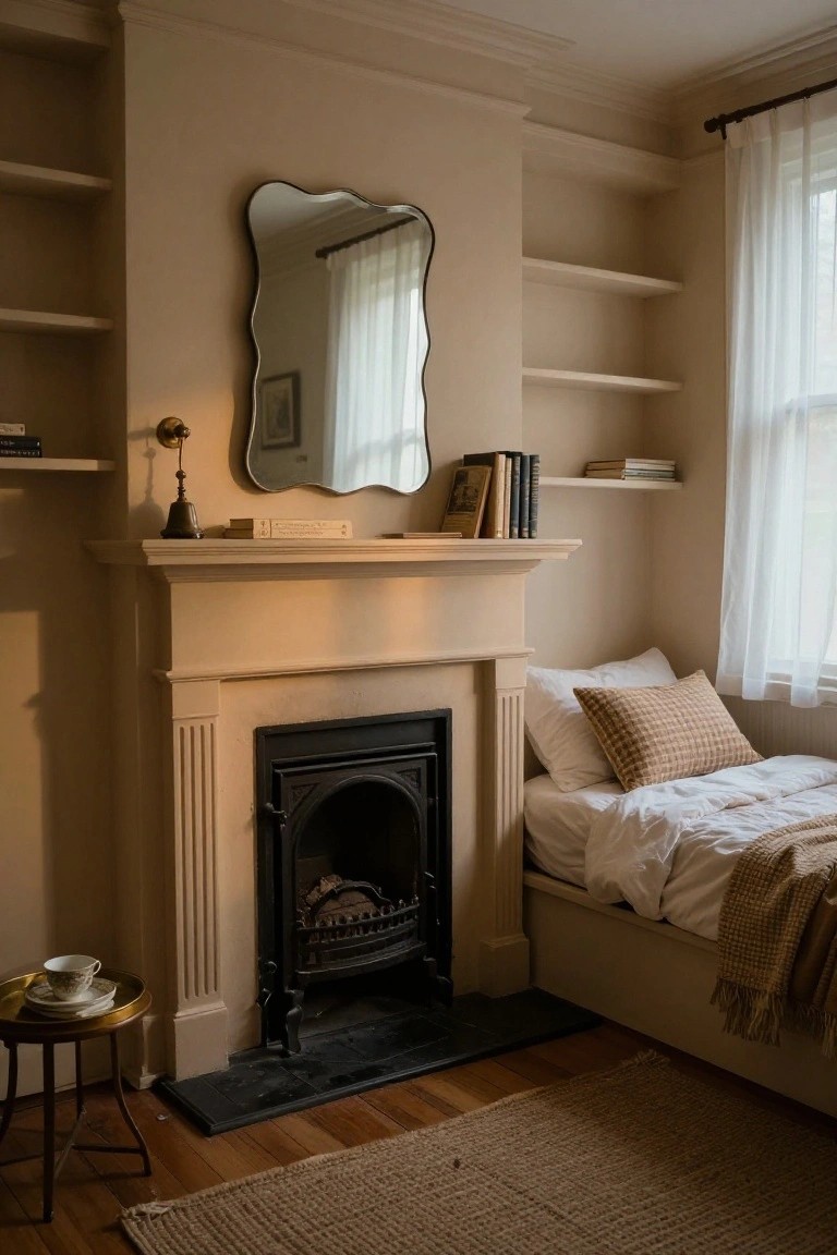 Cozy bedroom corner with white fluted-column fireplace surround and black cast-iron insert, flanked by open wooden shelves holding books, a low bed with white linens and tan throw, small side table with teacup, beige walls, and sheer-curtained window.