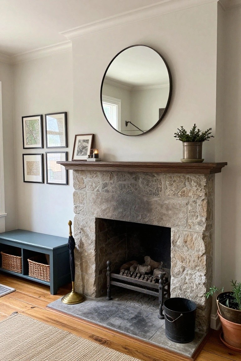 Living room interior with a rugged stone fireplace topped by a wooden mantel, a large round mirror above the mantel, framed artwork on the adjacent wall, potted plants on the mantel and floor, a green bench with baskets, brass fire tools, and hardwood flooring.