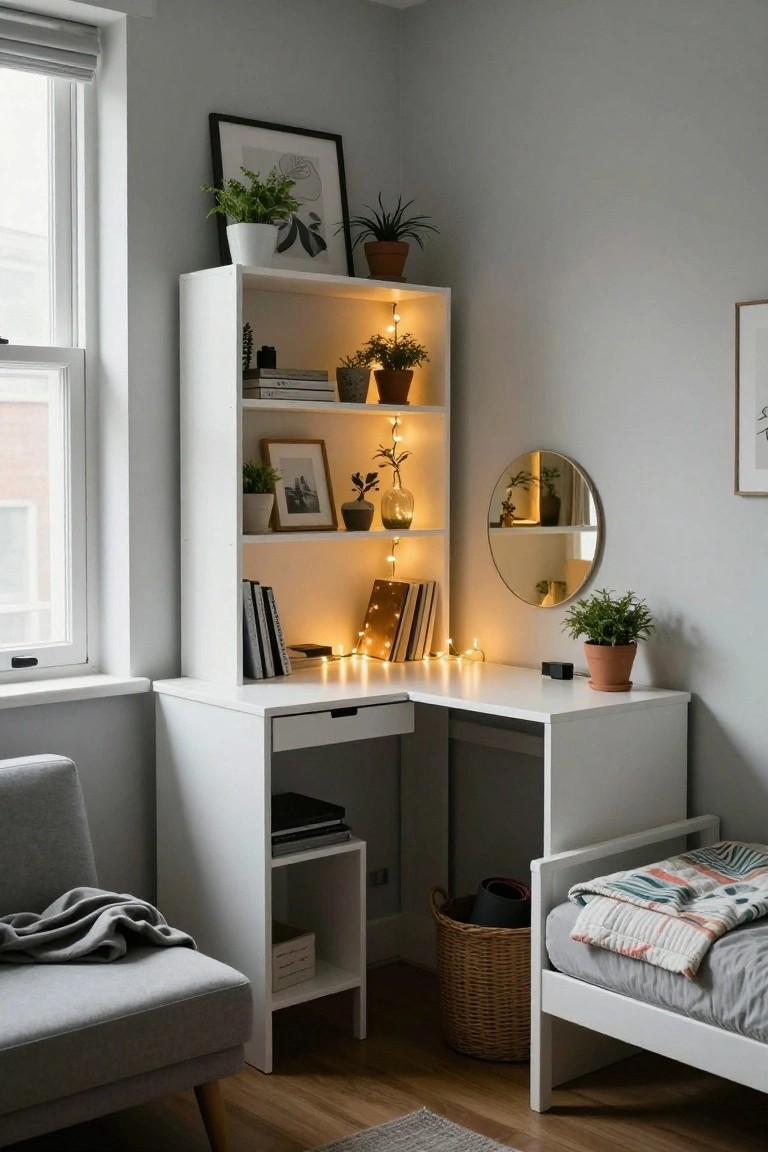 White L-shaped corner desk and shelving unit in a light gray room corner, filled with books, potted plants, fairy lights, and framed photos, beside a small bed and gray armchair.