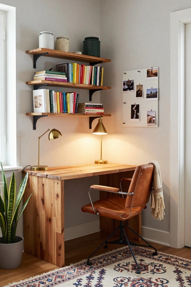 Corner home office setup featuring a live-edge wooden desk, floating wood shelves with books and jars, two brass desk lamps, brown leather office chair, snake plant in gray pot, and patterned rug on wood floor against light gray walls.