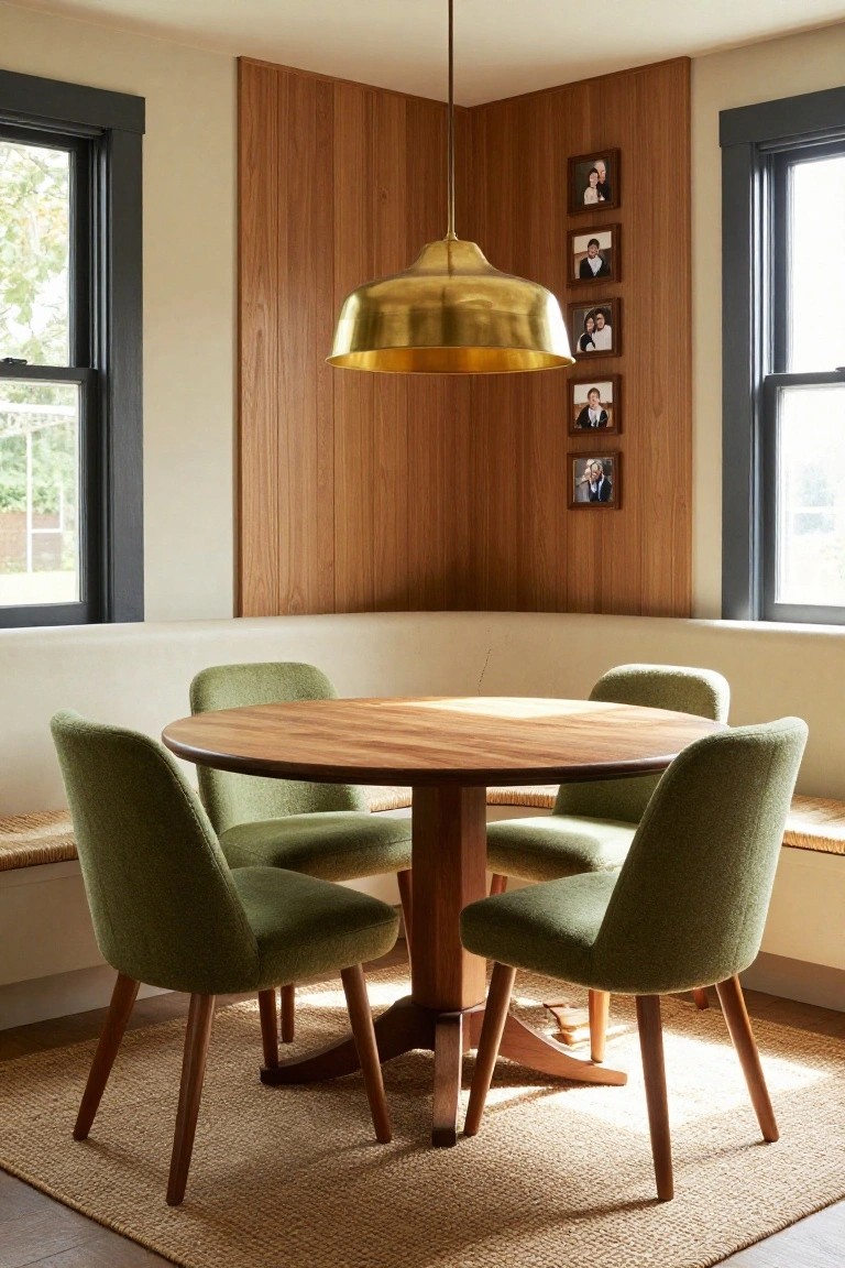 Round wooden dining table with green chairs, brass pendant light, and family photos.