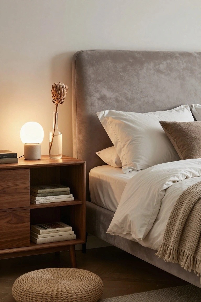 Bedroom corner showing gray upholstered headboard bed with white bedding and beige throw, wooden nightstand with open shelves holding stacked books, white globe lamp on marble base, glass vase with dried protea flower, and woven round pouf on wood floor with neutral rug.