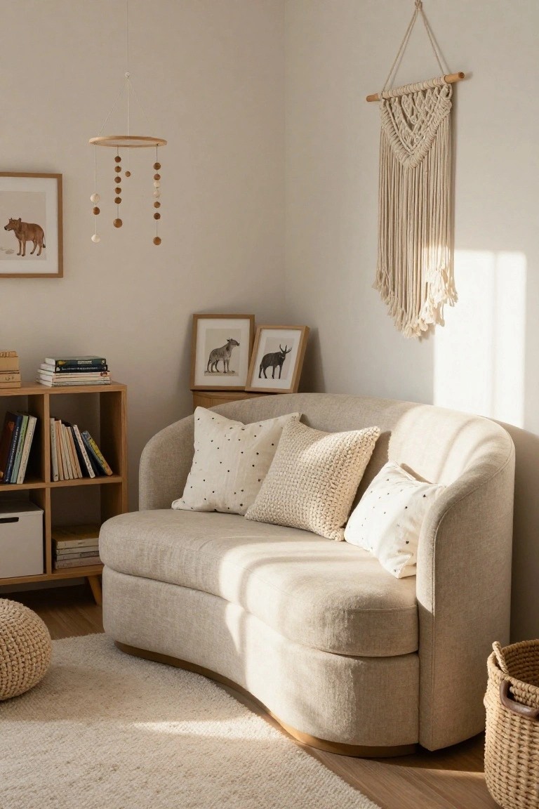 Light beige curved sofa in a nursery corner with white polka dot and textured pillows, wooden bookshelves holding books, framed animal artwork, macrame wall hanging, wooden bead mobile, woven pouf, basket, and light rug on wood floor.