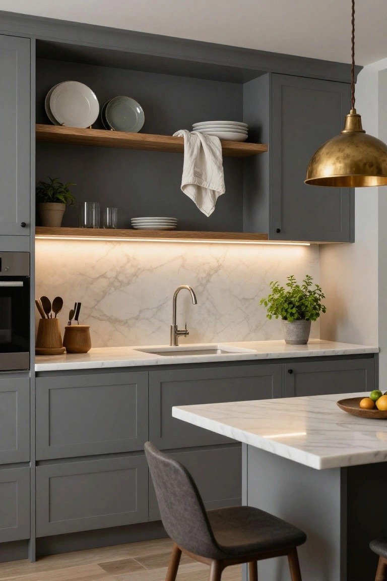 Kitchen with dark gray shaker cabinets, white marble countertops and backsplash lit by LED strips, brass pendant light over island, open oak shelves displaying dishes and linens, wooden utensil containers near sink.