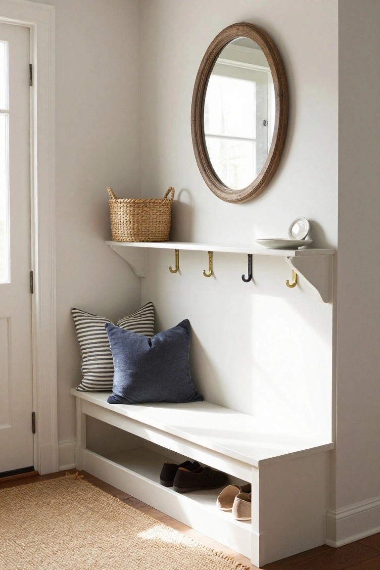 White built-in bench in a light entryway corner with open shoe storage underneath holding brown loafers and tan slippers, navy and striped pillows on the seat, floating shelf above with wicker basket, white saucer, and brass hooks, round wood-framed mirror on the wall.