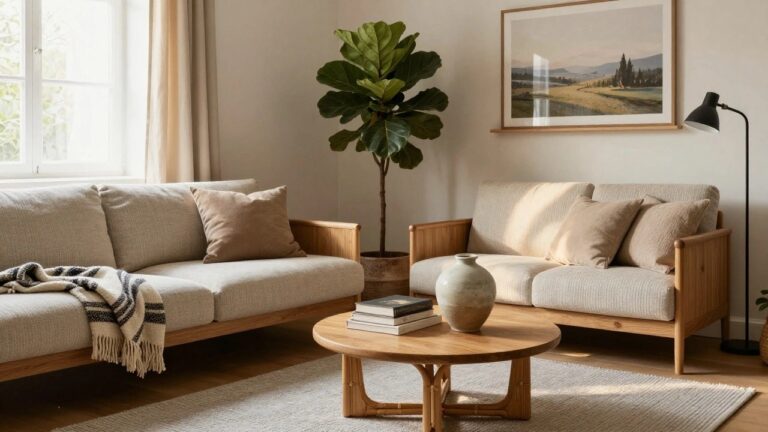24 Brilliant Home Ideas That Make Any Room Feel More Welcoming Corner of a light-colored living room with a beige sofa, round wooden coffee table holding a ceramic vase and stacked books, tall fiddle leaf fig plant in a terracotta pot, framed mountain landscape artwork on the wall, sheer curtains at the window, and a black floor lamp.