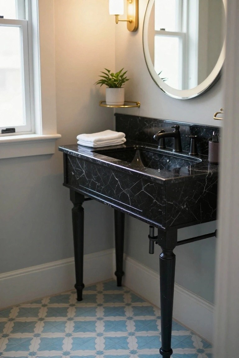 Black marble console-style bathroom vanity with turned legs, black faucet, folded white towels, round backlit mirror, potted plant, and blue patterned floor tiles in a light-walled room.