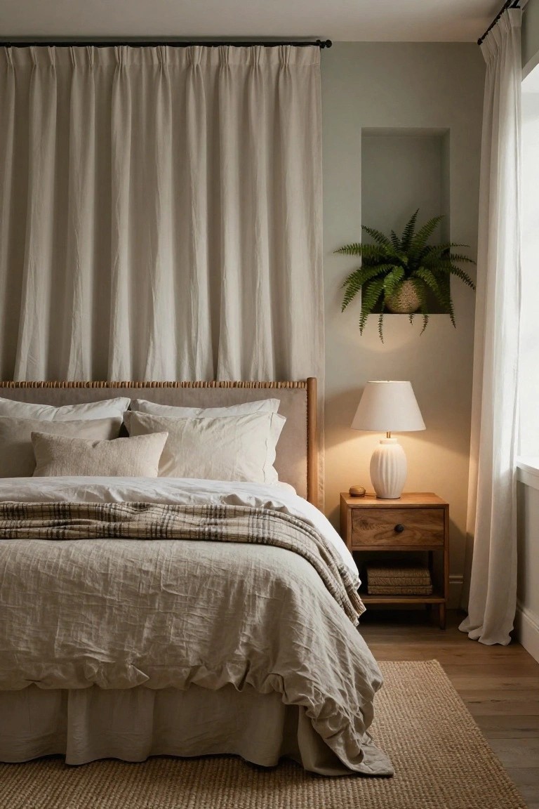 A bedroom with a rattan headboard bed dressed in white linen sheets, pillows, and duvet, beside a wooden nightstand with a white lamp, sheer linen curtains on windows, and a potted fern in a wall niche.
