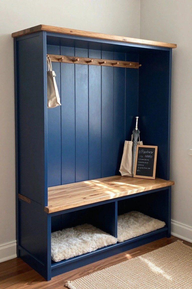Tall navy blue paneled wooden cabinet with oak bench top and sides, wooden peg hooks holding bags, umbrella in corner, chalkboard sign on bench, and two cushioned cubbies below in a light interior room.