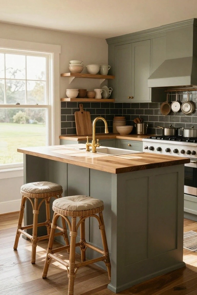 Kitchen with sage green cabinets, wooden island countertop and rattan barstools, brass faucet at white sink, black subway tile backsplash, and large window showing green field outside.