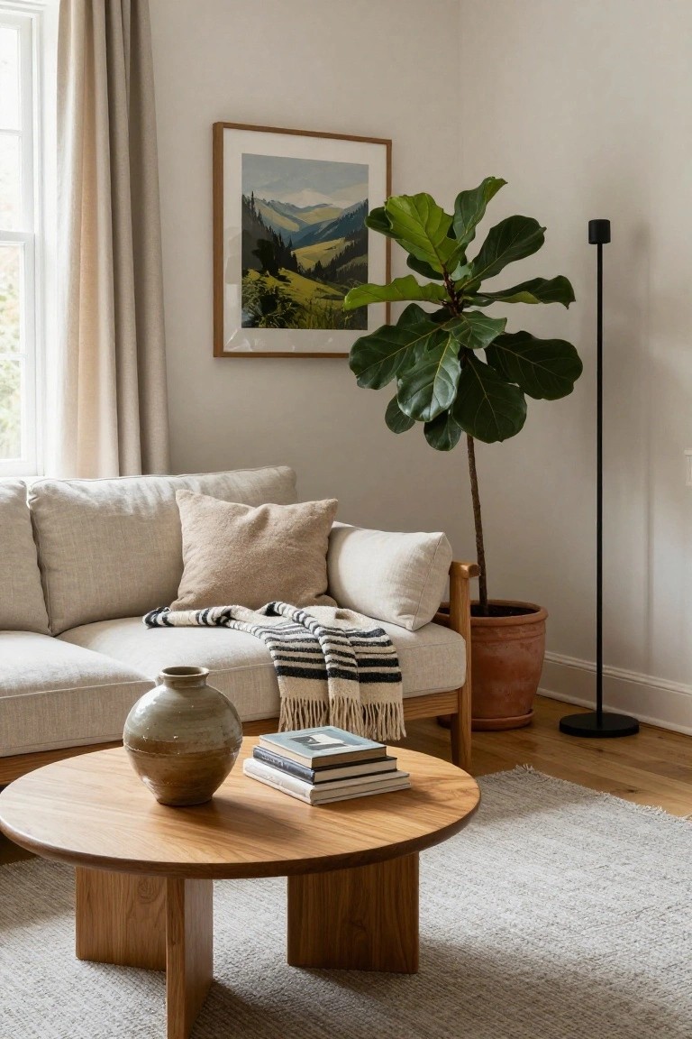 Corner of a light-colored living room with a beige sofa, round wooden coffee table holding a ceramic vase and stacked books, tall fiddle leaf fig plant in a terracotta pot, framed mountain landscape artwork on the wall, sheer curtains at the window, and a black floor lamp.