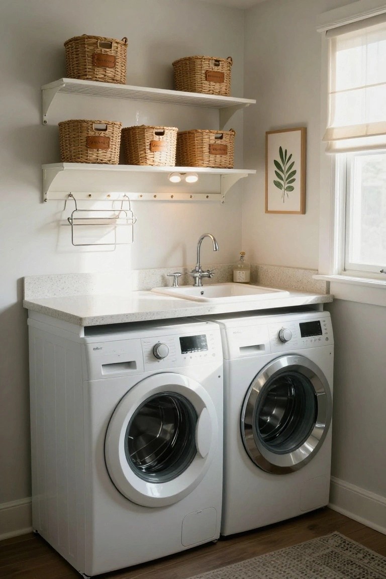 Laundry room with white front-loading washer and dryer under a quartz countertop with double sink, open white shelves holding multiple labeled woven baskets, towel rod, and window with sheer shade.