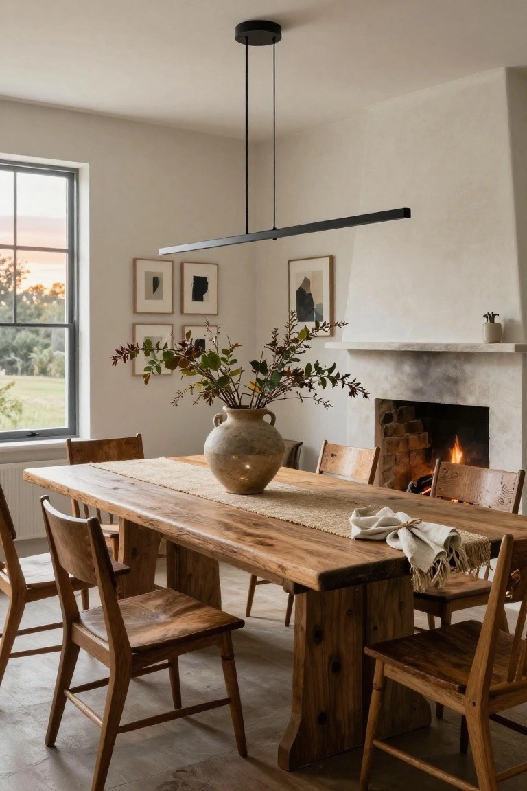 Dining room with long rectangular wooden table and eight wooden chairs, seagrass runner with white napkin and large terracotta vase of branches, black linear pendant light overhead, lit brick fireplace, abstract framed art on plaster walls, and window showing fields at sunset.