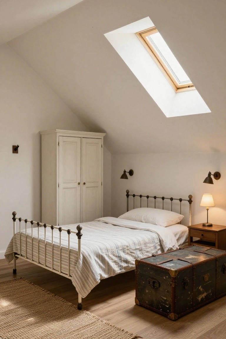 Attic bedroom interior with white sloped ceiling and skylight, tall white wooden wardrobe, iron bedframe with white striped duvet and pillows, wooden nightstand with lamp, vintage metal trunk, wall sconces, coat hook, seagrass rug, and light wood floor.