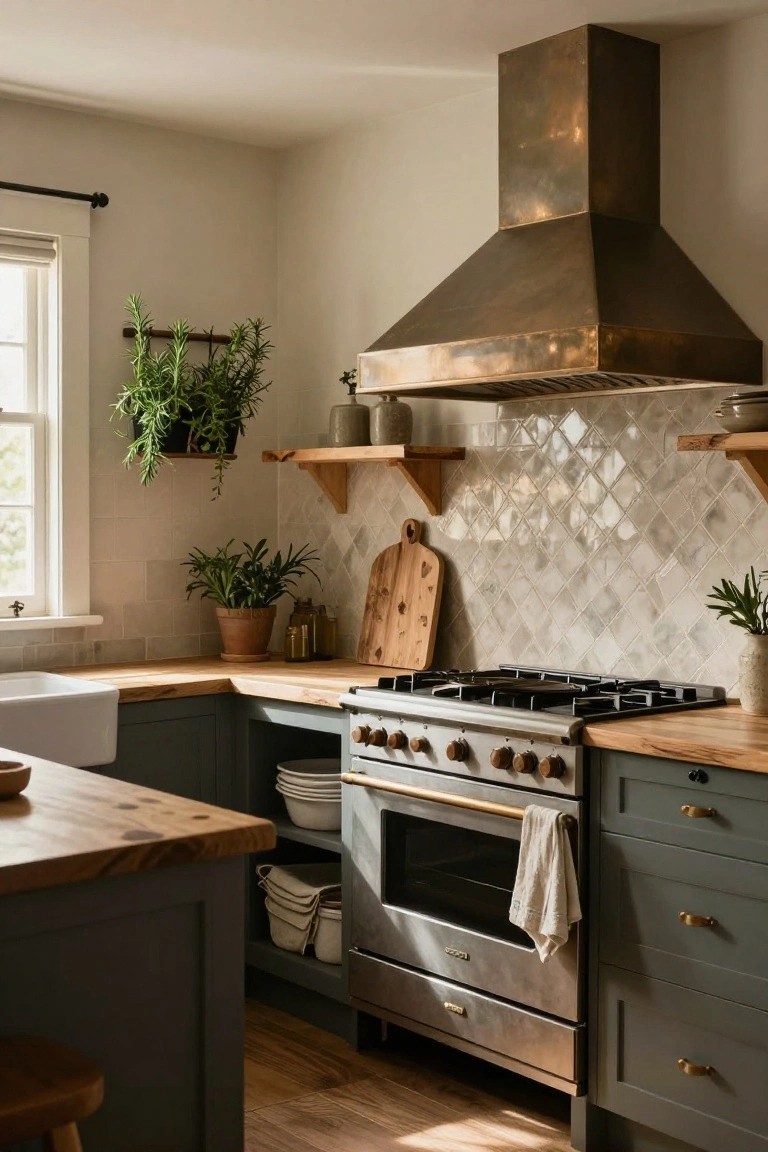 Kitchen corner with dark green cabinets, wooden countertops, stainless steel range under large brass hood, white diamond tile backsplash, potted plants on shelves and counters, and hardwood floor.