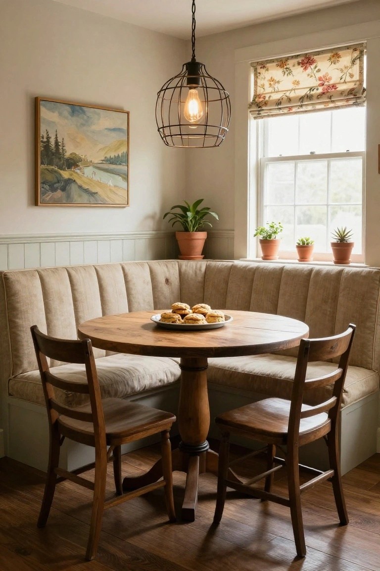 Beige tufted booth seating built into a kitchen corner around a round wooden pedestal table with a plate of cookies, paired with wooden chairs, potted plants on windowsills, and a framed landscape painting on the wall.
