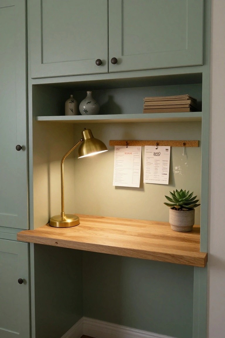 Built-in oak desk surface under sage green cabinets with open shelving above holding vases and books, brass desk lamp turned on, corkboard with pinned papers on the wall, and potted succulent plant nearby.