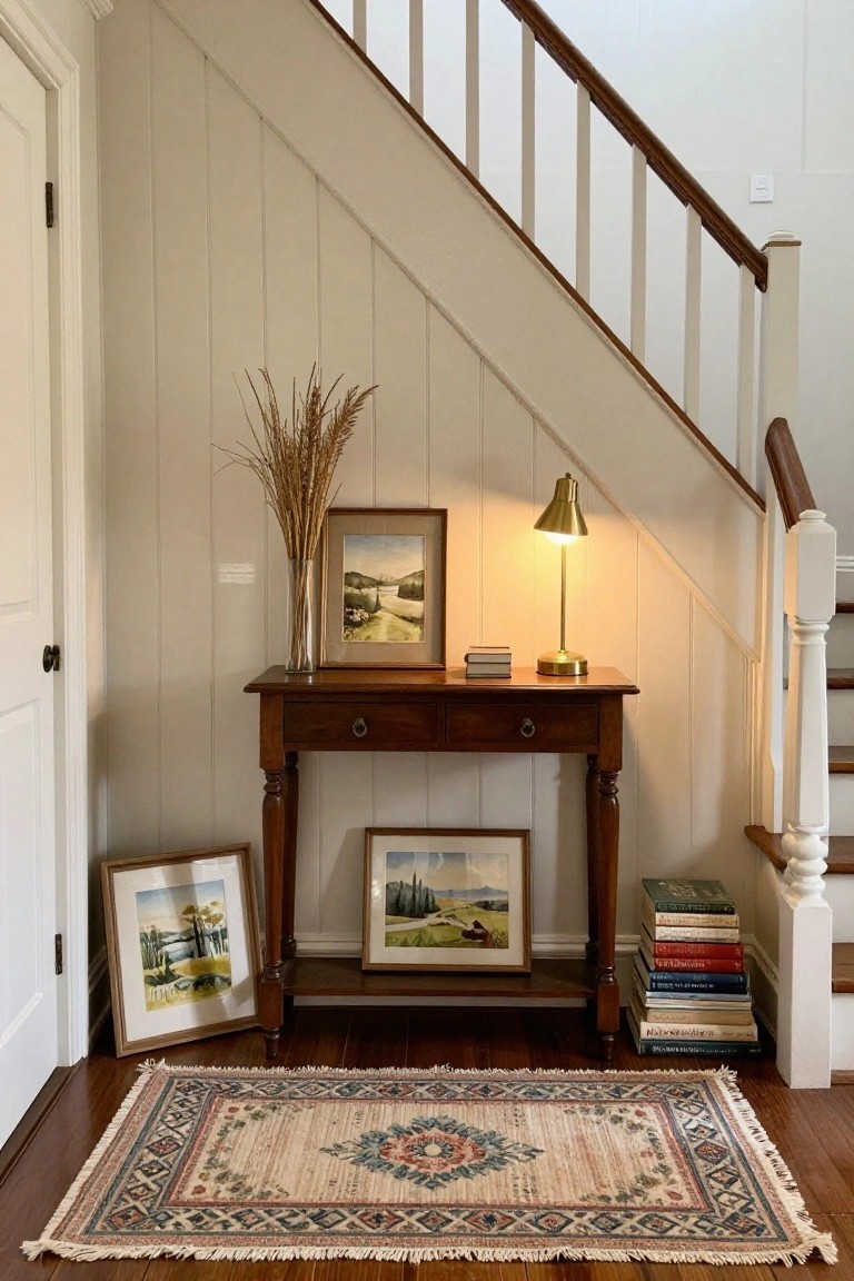 Console table with brass lamp, vase of wheat stalks, stacked books, and three framed watercolor paintings against white vertical paneled wall near wooden staircase, patterned rug on hardwood floor.