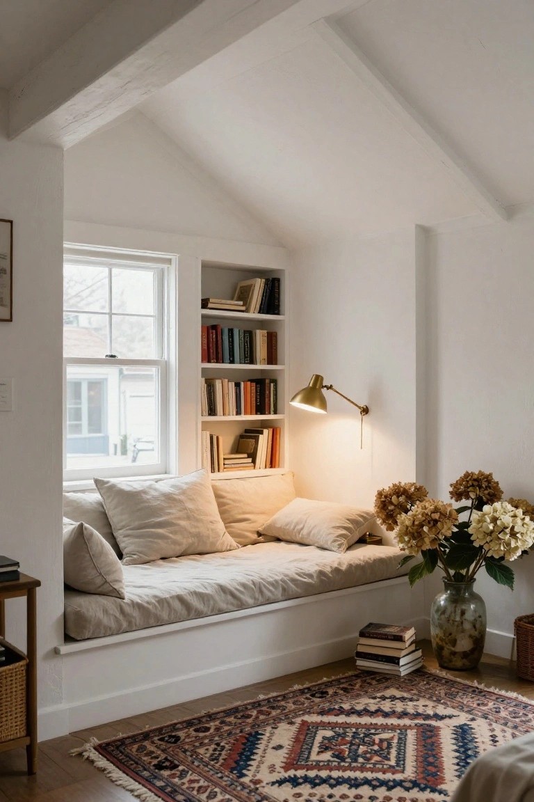 White attic room with built-in beige window seat covered in pillows, flanked by white bookshelves filled with books, lit brass wall lamp, vase of dried hydrangeas, stacked books, wood side table, basket, and patterned rug on wood floor.