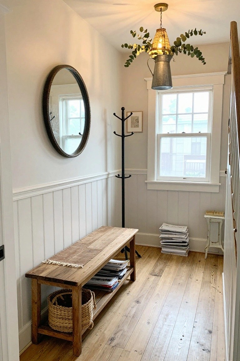 Small interior entryway with white wainscoted walls, wooden bench with storage shelf holding magazines and basket, black coat rack, round mirror, and window.