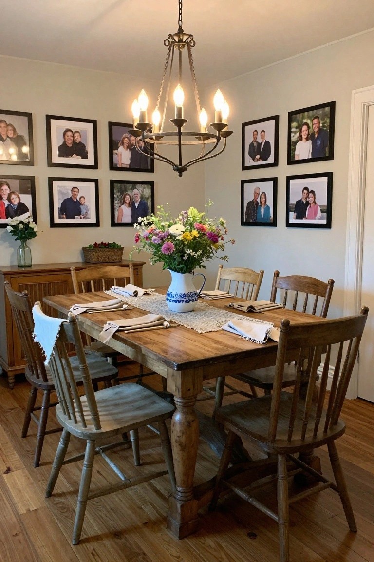 Dining room with a large rectangular rustic wooden table and six mismatched wooden chairs, set with beige linen napkins, woven placemats, and a blue and white ceramic pitcher holding mixed flowers, black-framed family photos on light gray walls, wooden sideboard, and antique-style chandelier overhead.