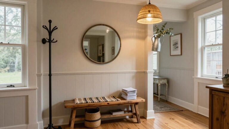 Small interior entryway with white wainscoted walls, wooden bench with storage shelf holding magazines and basket, black coat rack, round mirror, and window.