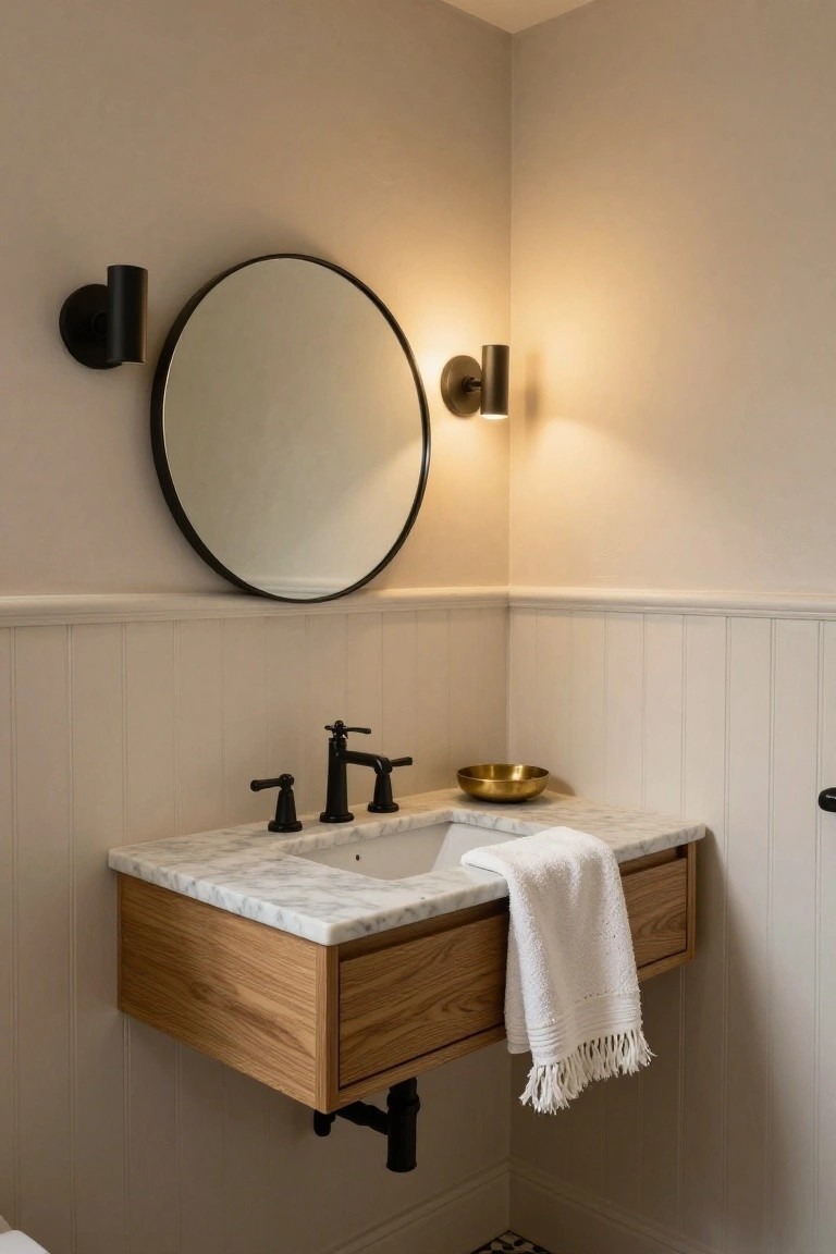Corner-mounted floating oak wood vanity with white marble top, black bridge faucet, gold bowl, white towel, round black mirror, and black sconces on beige shiplap-paneled walls in a bathroom.