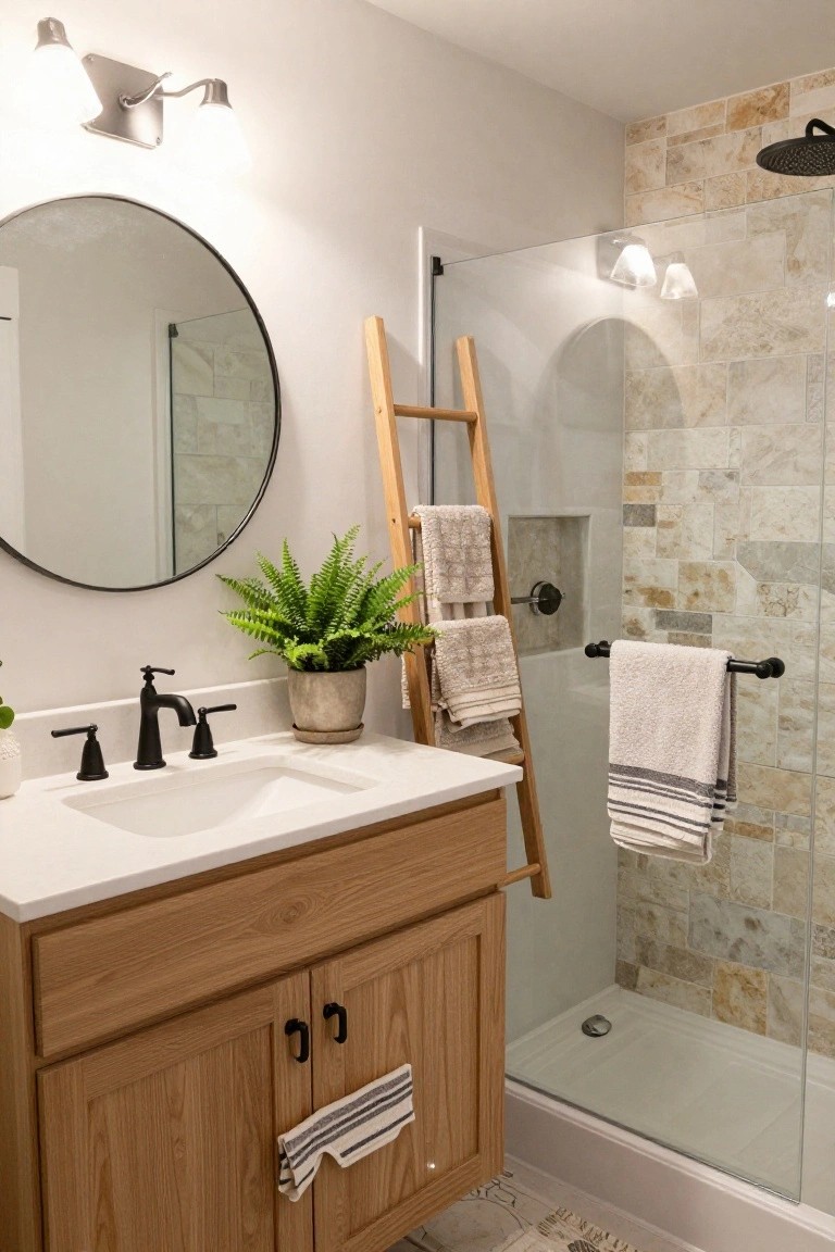 A farmhouse-style bathroom with oak wood vanity, white quartz countertop, black faucet, round black-framed mirror, potted fern plant, wooden ladder holding towels leaning by glass shower enclosure with beige tile walls.