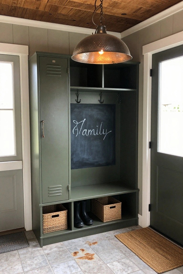 Sage green entryway locker with chalkboard, hooks, baskets, and boots.