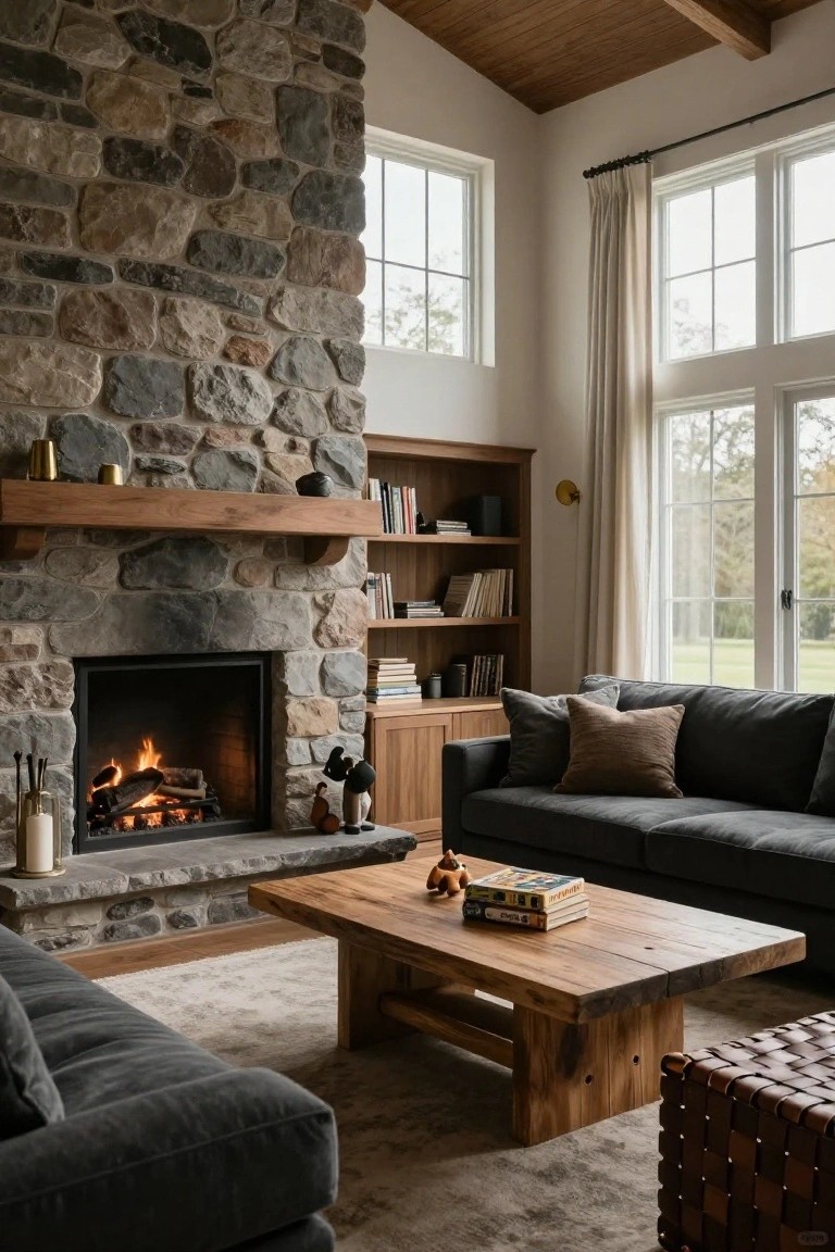 Living room interior with tall irregular stone fireplace wall, wooden mantel and built-in bookshelves, gray sofa, wooden coffee table, ottoman, and large curtained windows overlooking grass.