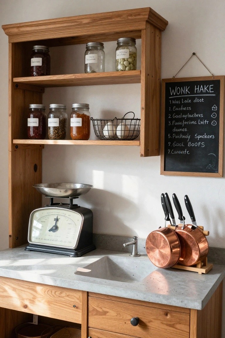 Wooden open shelving unit above a concrete countertop in a kitchen, holding labeled glass jars of beans, coffee, spices, and grains, with a vintage scale, copper pots on a rack, knives, and a blackboard recipe list nearby.