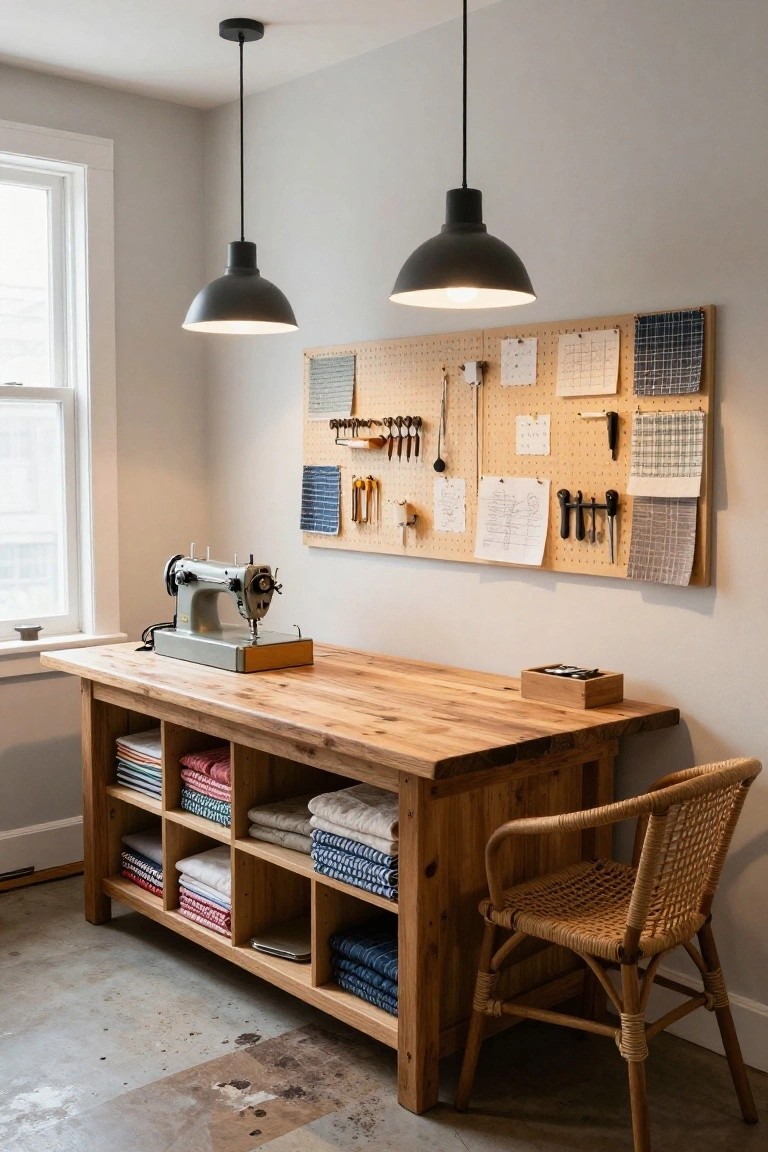 Interior of a sewing room with a large wooden workbench holding a vintage gray sewing machine, a pegboard wall displaying tools, hooks, fabrics, and sketches, open shelves filled with folded linens in various colors, and a rattan armchair nearby.