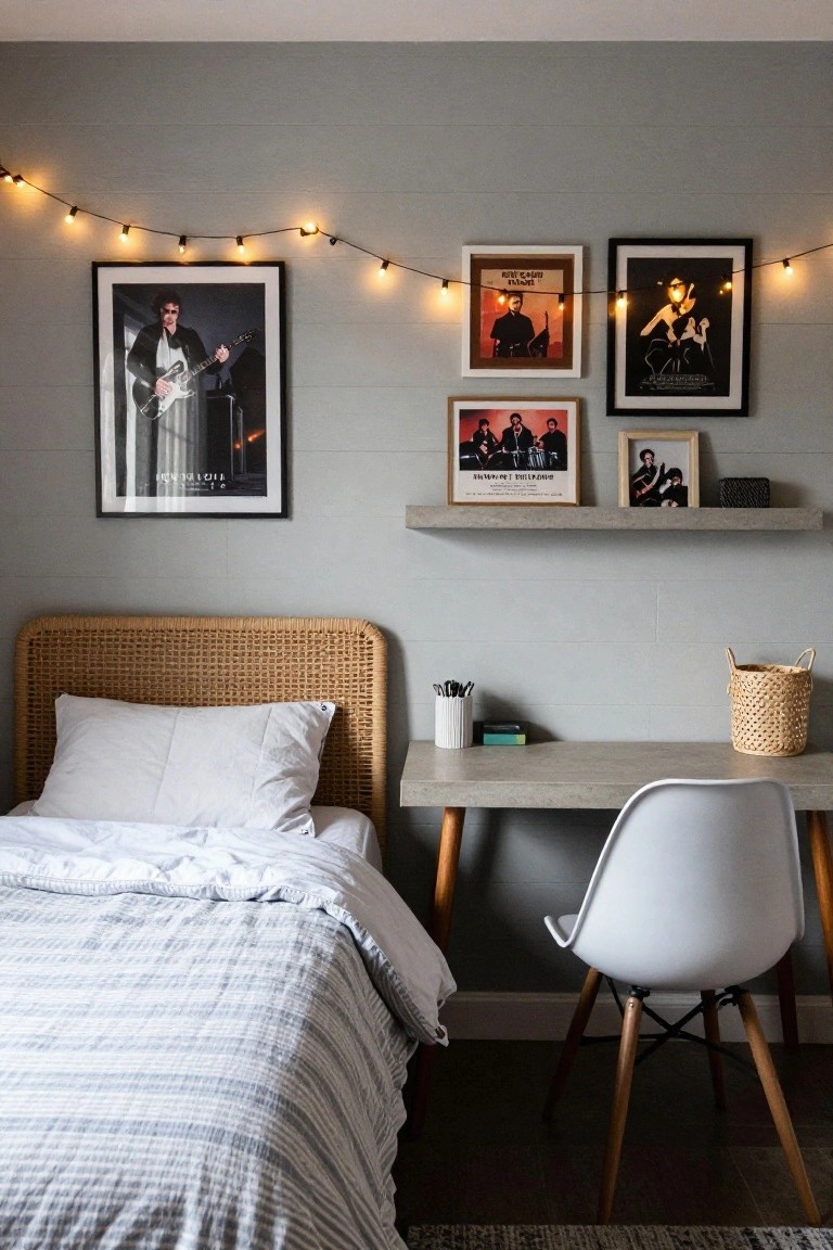 Bedroom with rattan headboard bed against light gray plank walls, string lights draped above framed music posters, floating shelf, concrete desk with white chair, and woven basket.