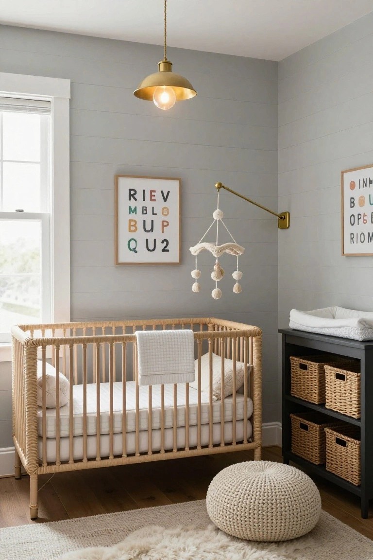 Corner of a light gray shiplap nursery with a rattan crib, black changing table holding wicker baskets, gold pendant light, swing-arm lamp with white mobile, colorful letter art on walls, cream pouf, and white shag rug.