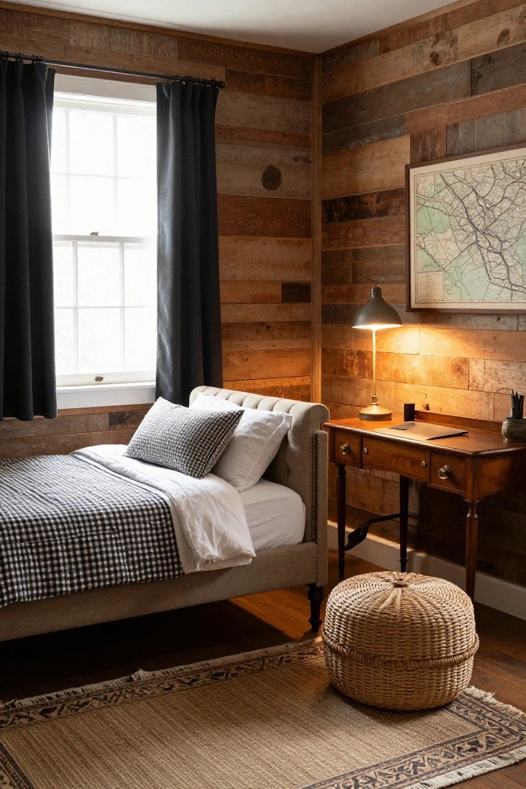 Small bedroom with horizontal reclaimed wood plank walls, tufted upholstered daybed covered in white sheets and black checkered quilt, wooden desk with lamp and notebook, woven basket stool, and seagrass rug on wood floor.