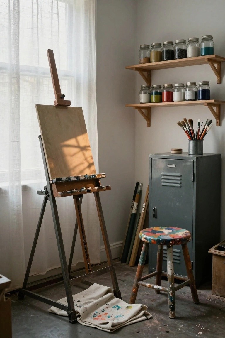 Artist's studio interior with wooden easel holding blank canvas and palette, shelves of colored pigment jars, brushes in metal tin, gray metal locker, paint-splattered wooden stool, wooden tubes leaning nearby, and drop cloths on concrete floor.