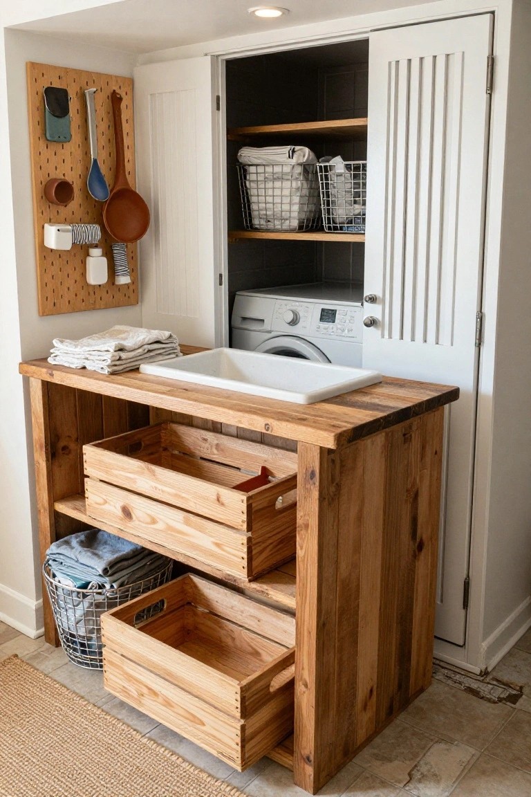 A laundry room with a wooden countertop island holding a white sink, two open wooden crate-style drawers containing laundry baskets, a front-loading washer, white bi-fold doors to a shelved cabinet, and a pegboard wall with kitchen utensils.