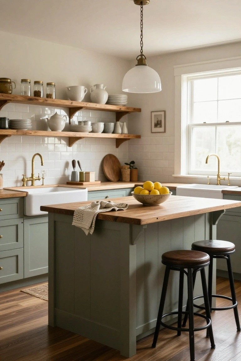 A bright kitchen with sage green lower cabinets and island, wooden open shelves stocked with white dishes and jars above white subway tile backsplash, brass faucets over white farmhouse sinks, wooden counters, and two black bar stools.