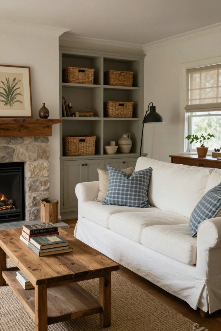A living room with a white slipcovered three-seat sofa facing a stone fireplace, blue checkered throw pillows, wooden coffee table holding stacked books, built-in gray shelving with woven baskets, seagrass rug, and natural light from a window.