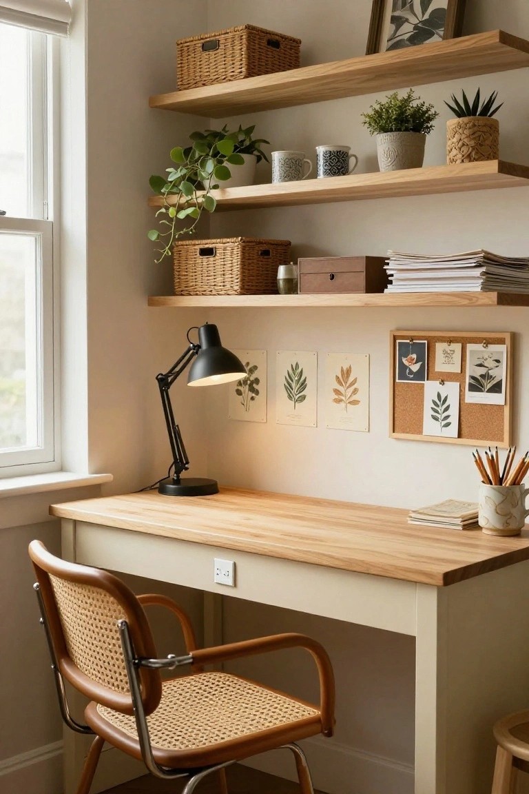 Cozy indoor corner workspace with light wooden desk, rattan chair, black adjustable lamp, open oak shelves stocked with wicker baskets, potted plants, mugs, and stacked papers, plus a corkboard on white wall beside window.