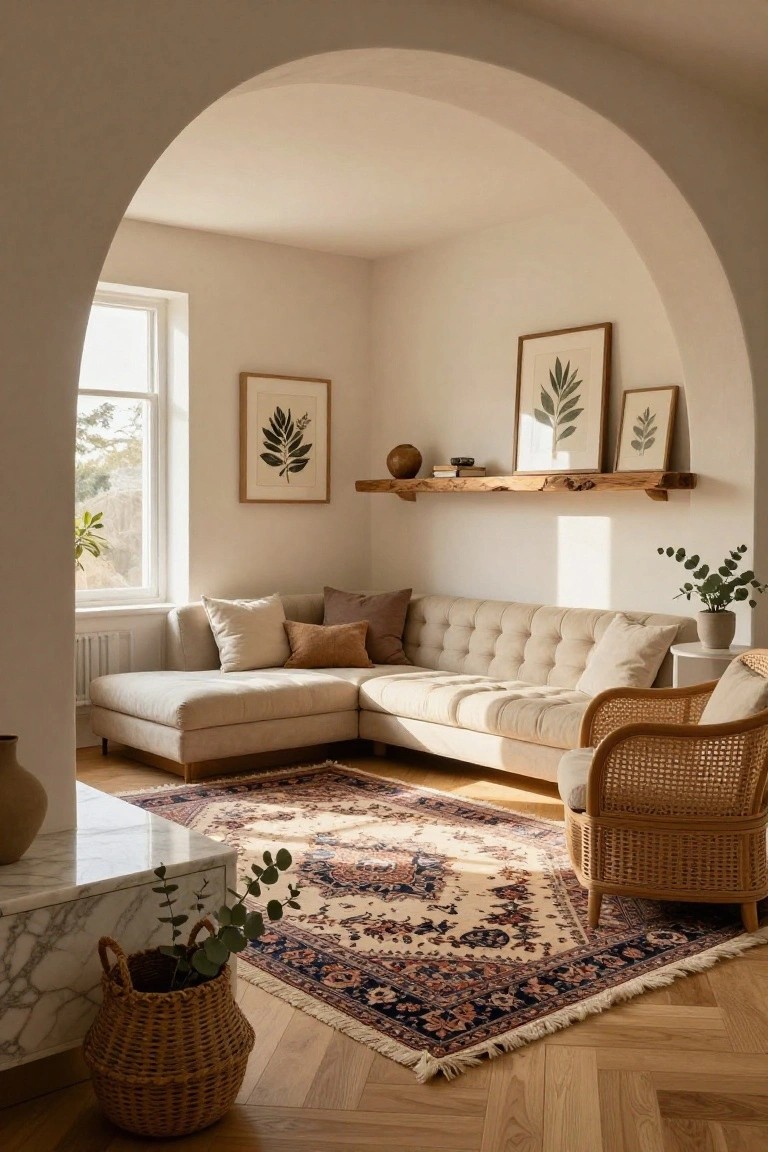 A beige tufted L-shaped sofa in a light living room corner framed by a large white archway, with wooden floating shelves holding botanical prints and books, a rattan armchair, Persian rug, plants, and herringbone wood floors.