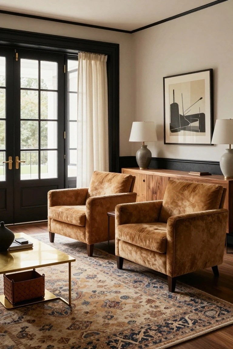 Armchairs Around a Brass Coffee Table
