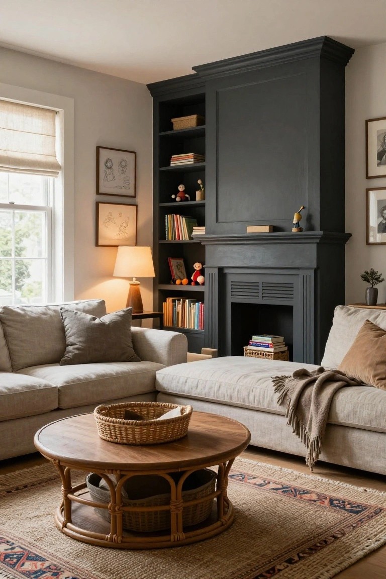 Living room with tall black built-in bookshelves flanking a fireplace on one side, light gray L-shaped sofa, rattan coffee table with baskets, and patterned rug.