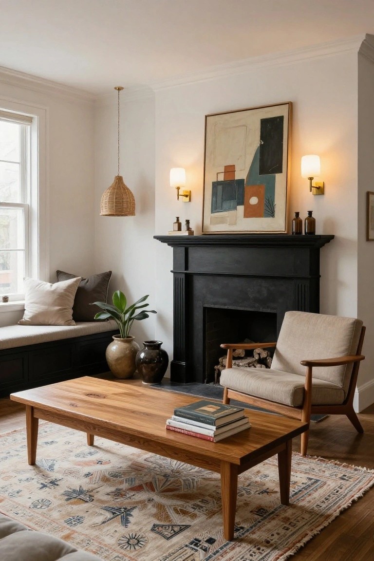 Living room with matte black fireplace mantel on white walls, wooden coffee table with stacked books, beige armchair with wood arms, built-in window seat with cushions and plants, rattan pendant light, abstract painting above mantel, and patterned rug on hardwood floor.